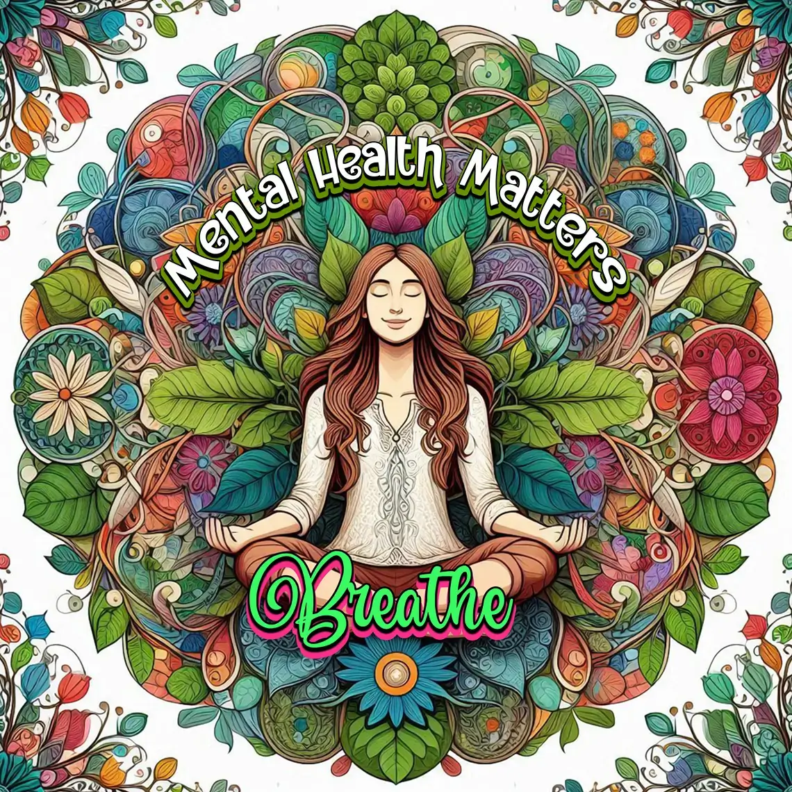 Illustration promoting mental health awareness with a meditating woman surrounded by vibrant flowers.