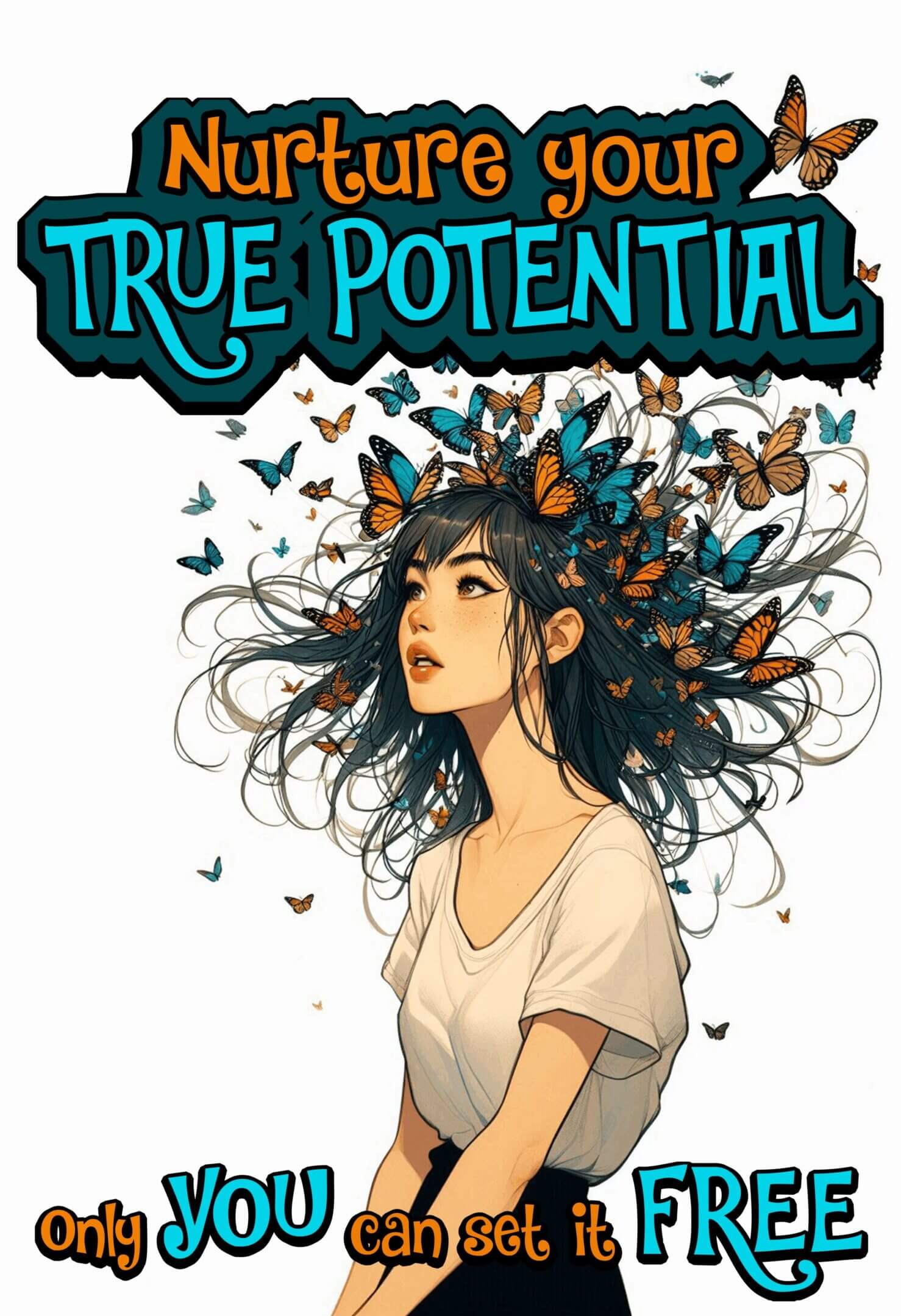 Illustration of a woman with butterflies and 'True Potential' text.