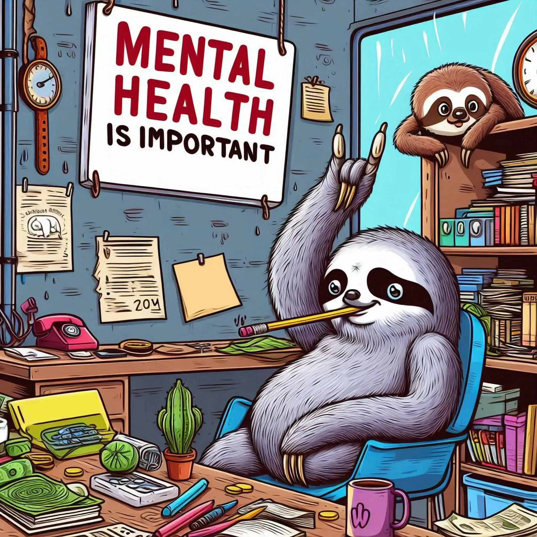 A relaxed sloth in an office with a mental health awareness poster.