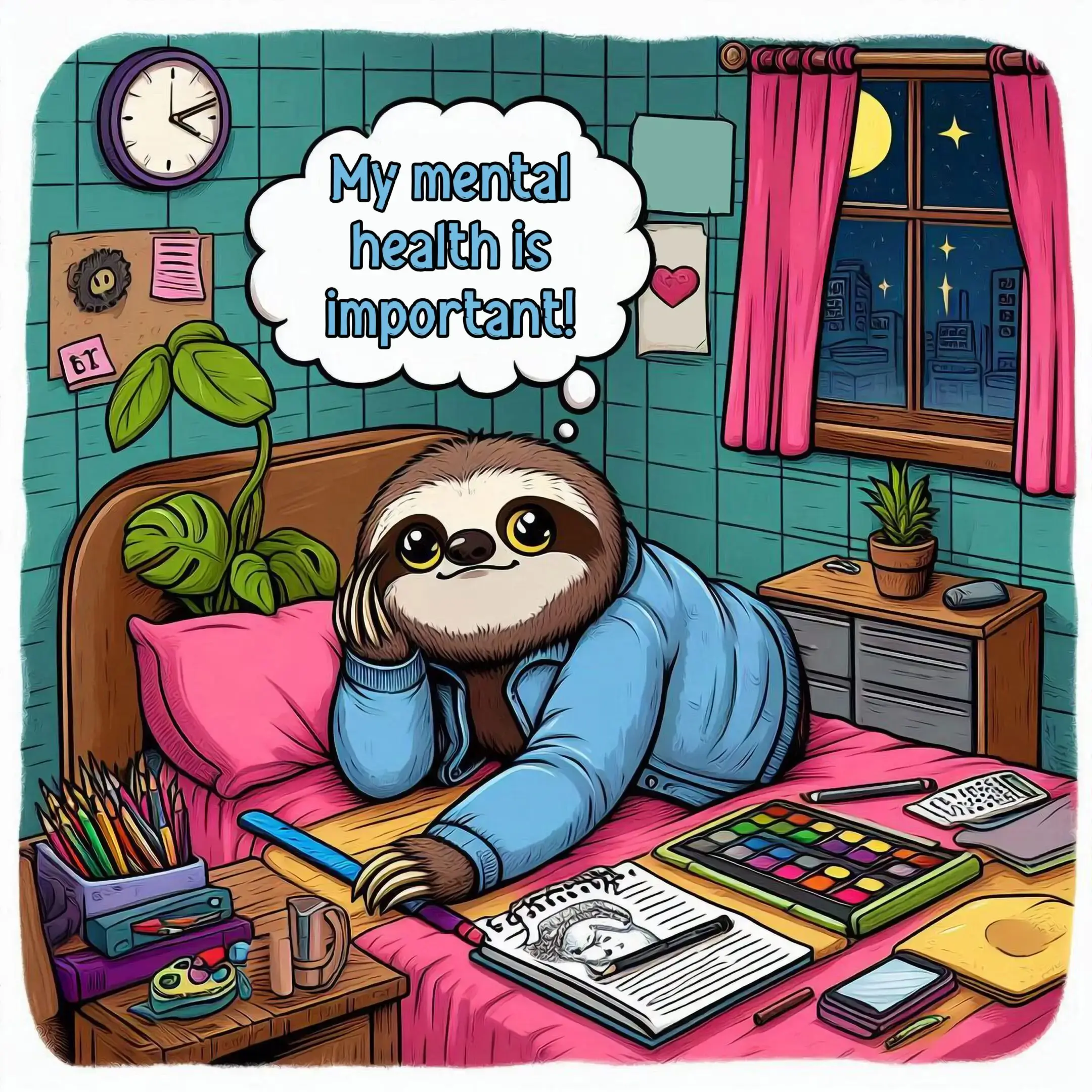 A cozy sloth enjoying a relaxing night with art supplies.
